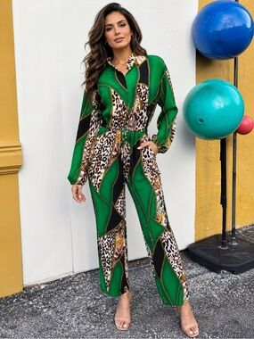 SHEIN Green and Black Leopard Print Dress with Brown Accents